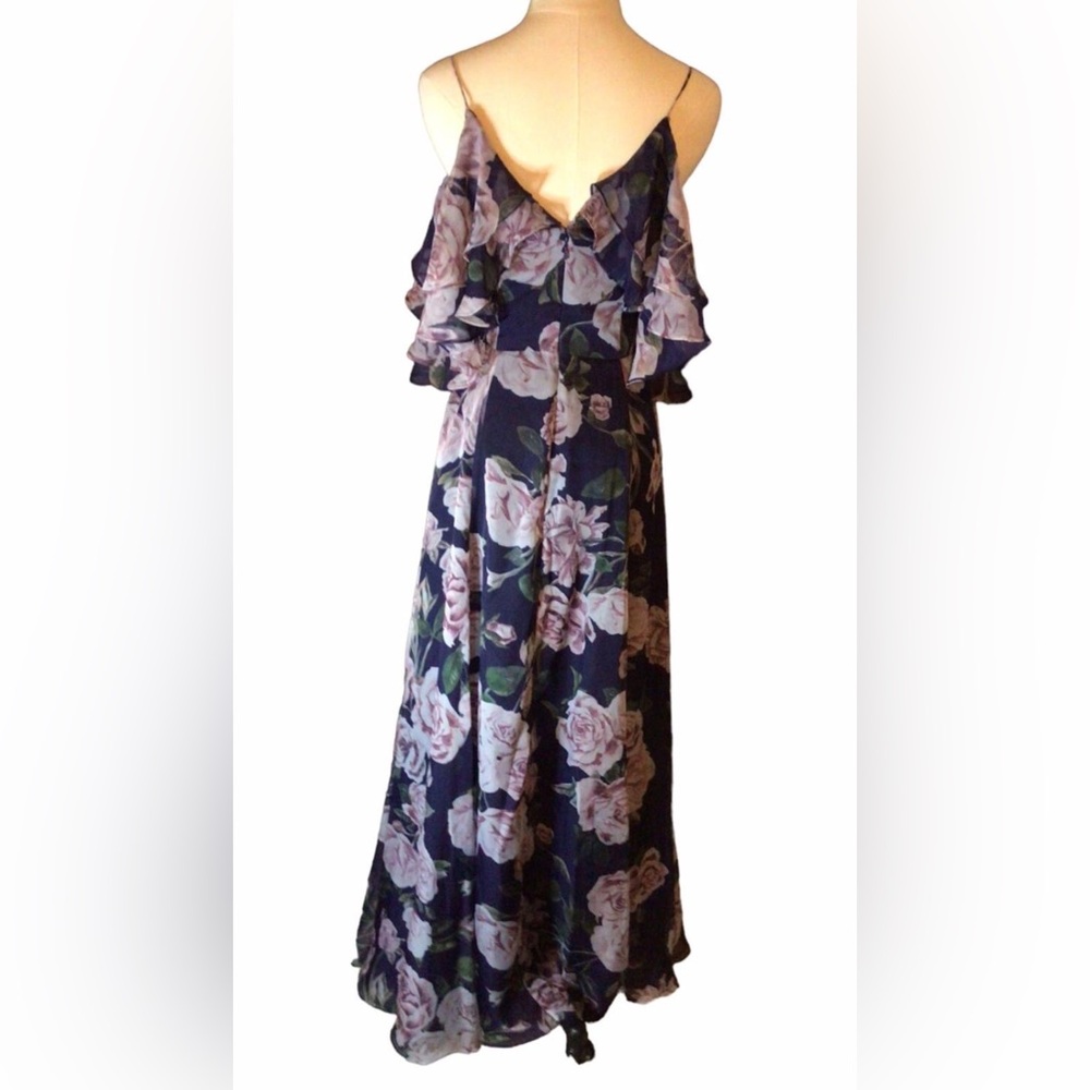 Fame and Partners Navy Pink Rose Floral Ruffle Cold Shoulder Maxi Dress Gown 8